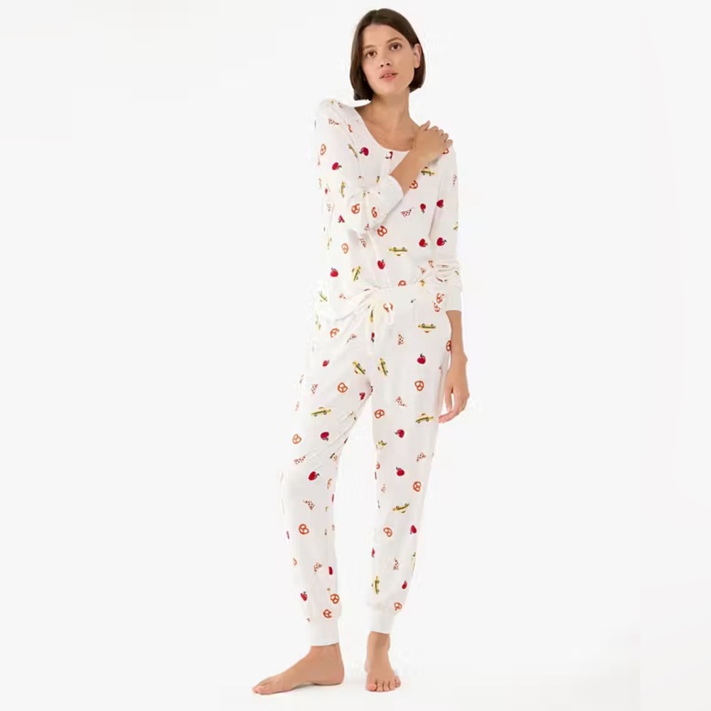 NWT Kate Spade NYC Themed Ivory Henley Jogger Pajama Set Size L Graphic Whimsy